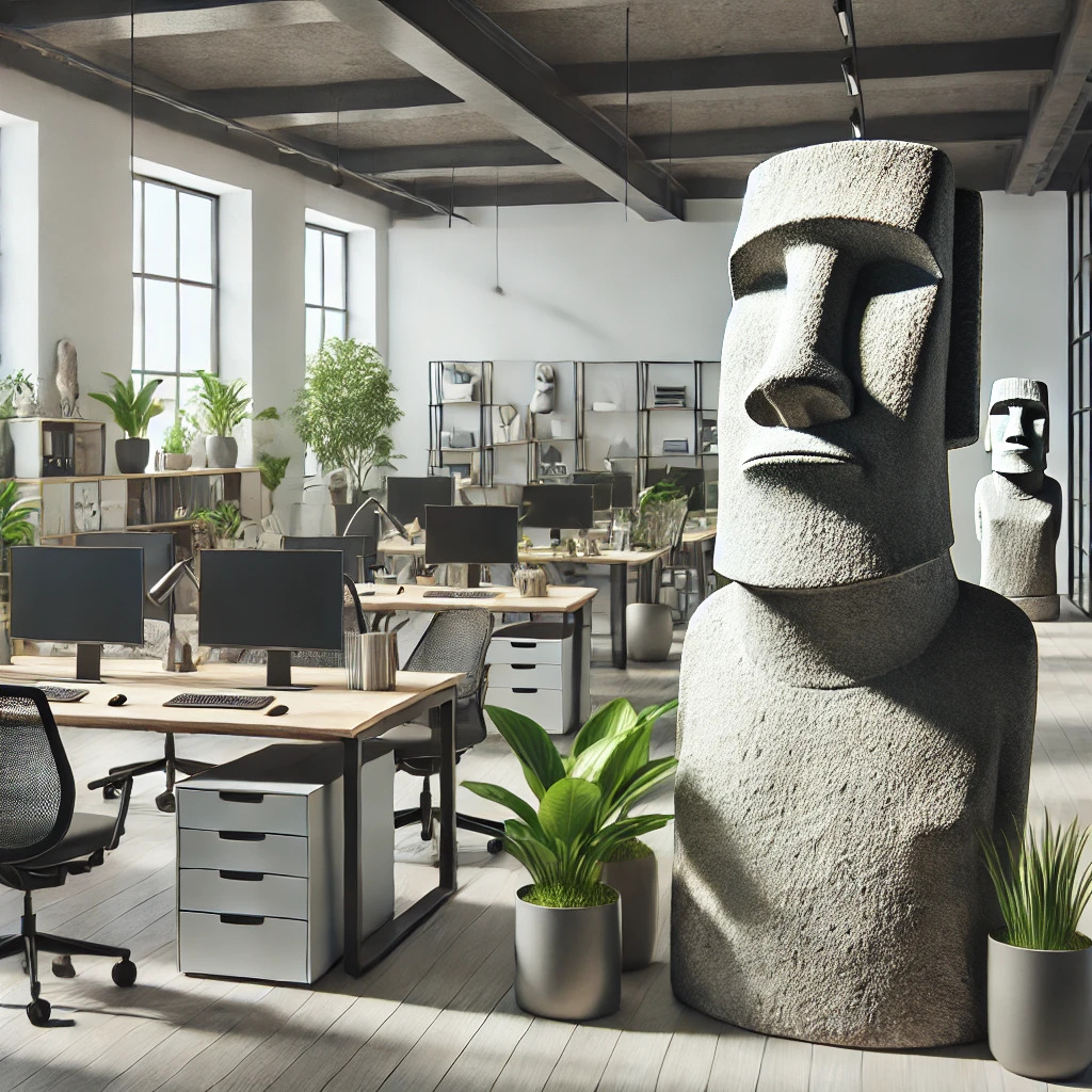 Moai statue in an office setting